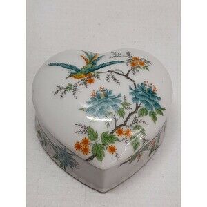 Vtg Chinese Asian Heart Shaped Porcelain Trinket Box Floral Bird Peacock